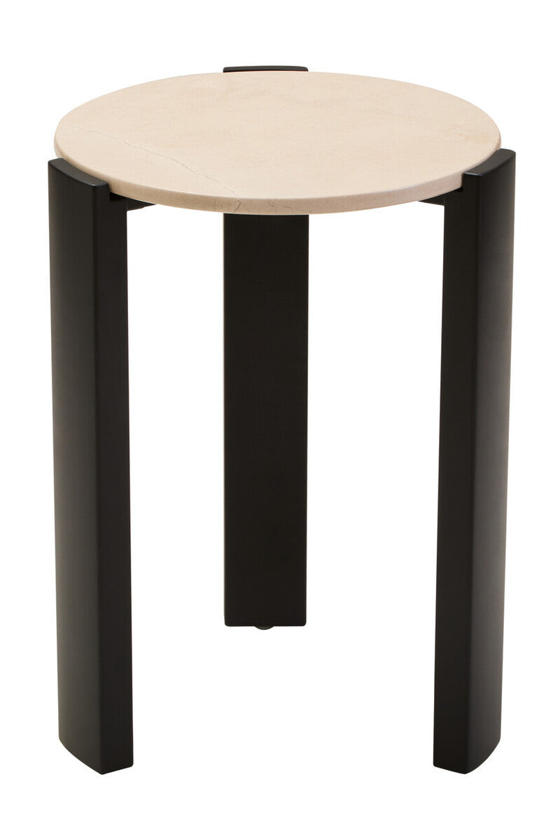 Round side table featuring a smooth cream marble top with subtle veining, supported by sleek black acacia wood legs.