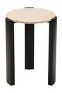 Round side table featuring a smooth cream marble top with subtle veining, supported by sleek black acacia wood legs.