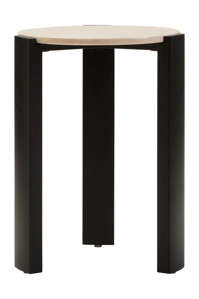 Round side table with light marble top and black wooden legs, front view