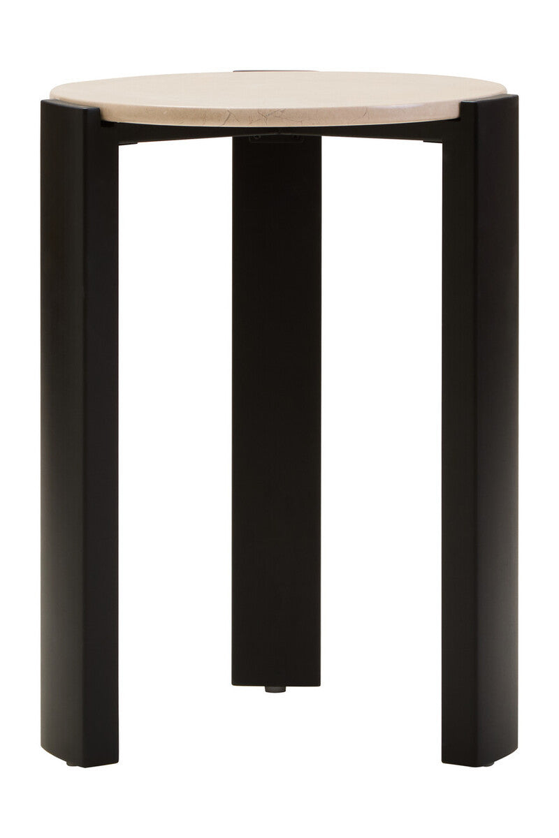 Round side table featuring a cream marble top with subtle veining, supported by sleek black acacia wood legs.