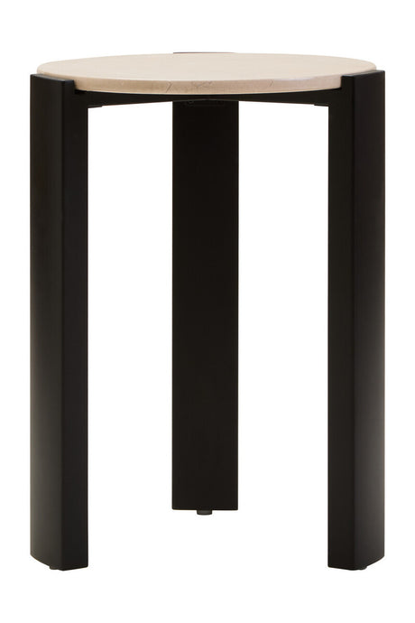 Round side table featuring a cream marble top with subtle veining, supported by sleek black acacia wood legs.