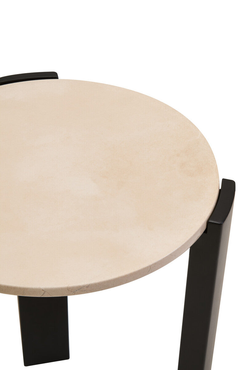 Round side table featuring a smooth cream marble top with subtle veining, supported by sleek black acacia wood legs.