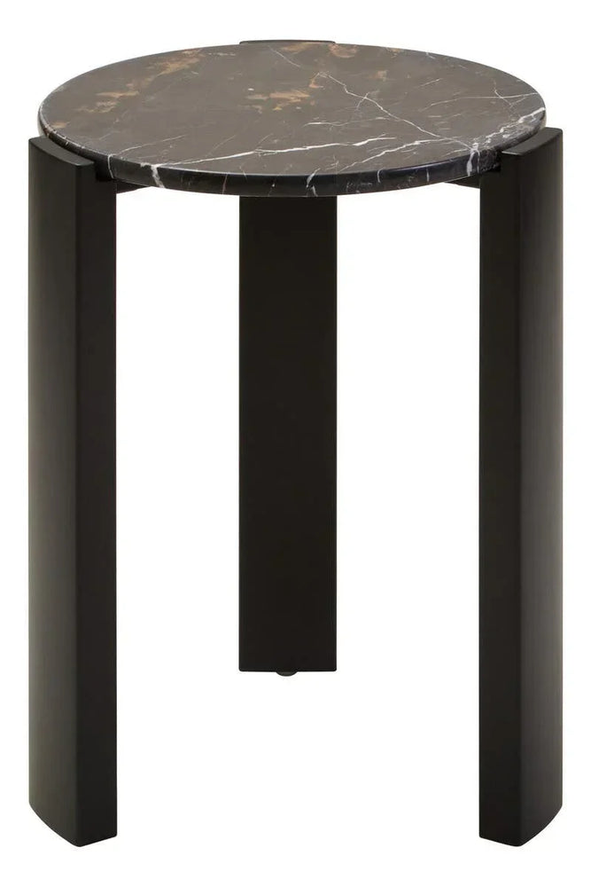 Round black marble side table with three black legs, modern accent furniture piece