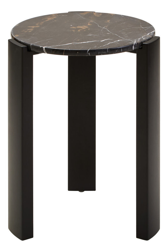 Round side table featuring a sleek black marble top with gold veining, supported by sturdy black acacia wood legs.