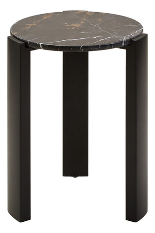 Round side table featuring a sleek black marble top with gold veining, supported by sturdy black acacia wood legs.