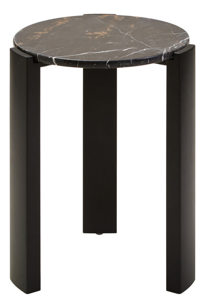 Round side table featuring a sleek black marble top with gold veining, supported by sturdy black acacia wood legs.