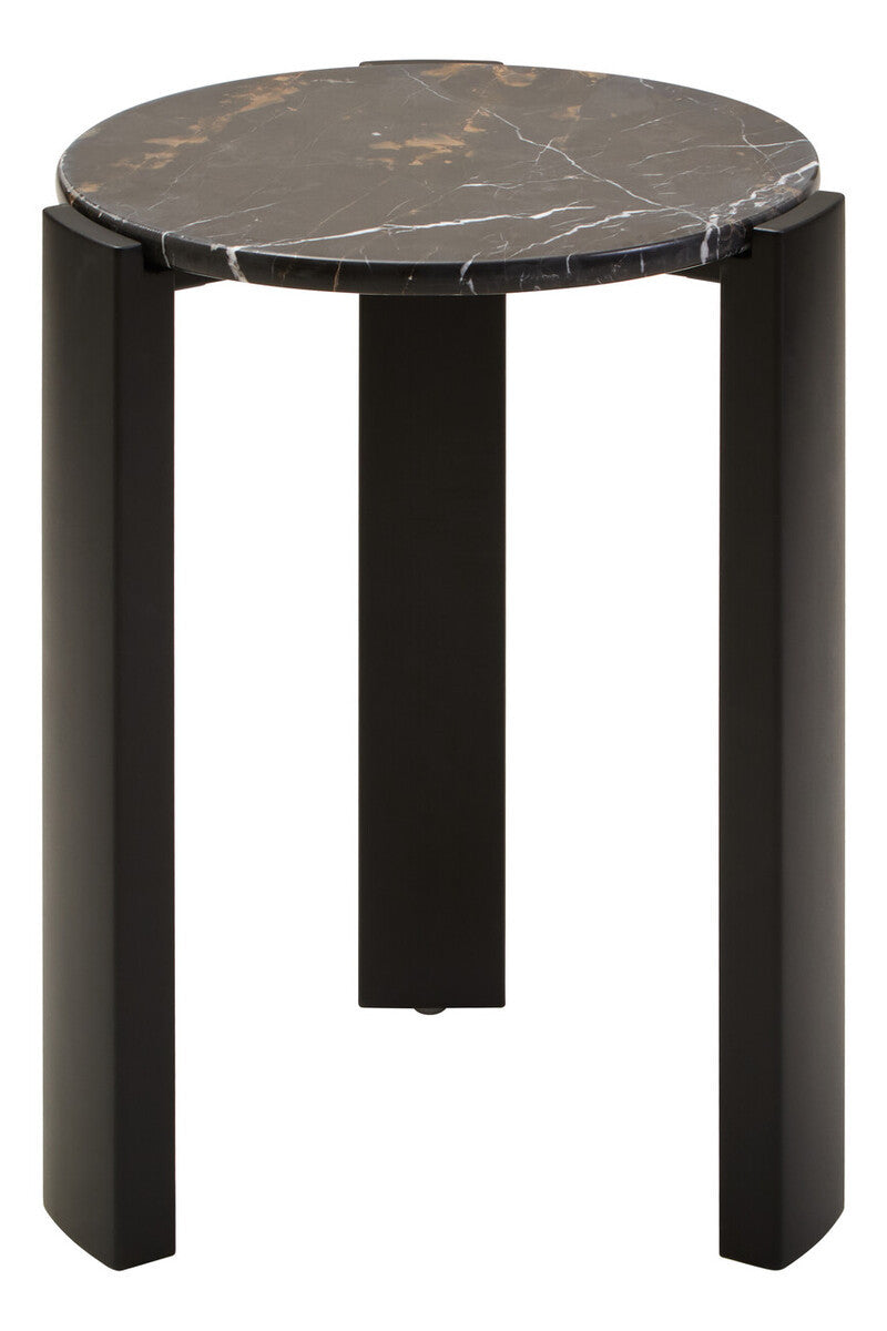 Round side table featuring a sleek black marble top with gold veining, supported by sturdy black acacia wood legs.