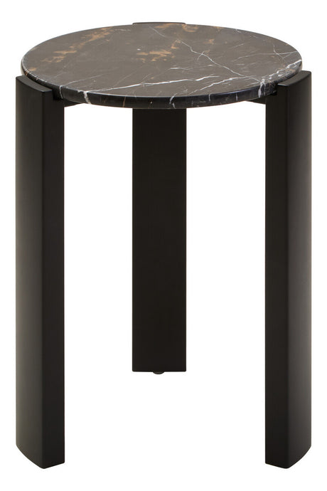 Round side table featuring a sleek black marble top with gold veining, supported by sturdy black acacia wood legs.