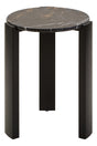 Round side table featuring a sleek black marble top with gold veining, supported by sturdy black acacia wood legs.