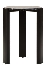 Round side table featuring a sleek black acacia wood base and a striking black and gold marble top.