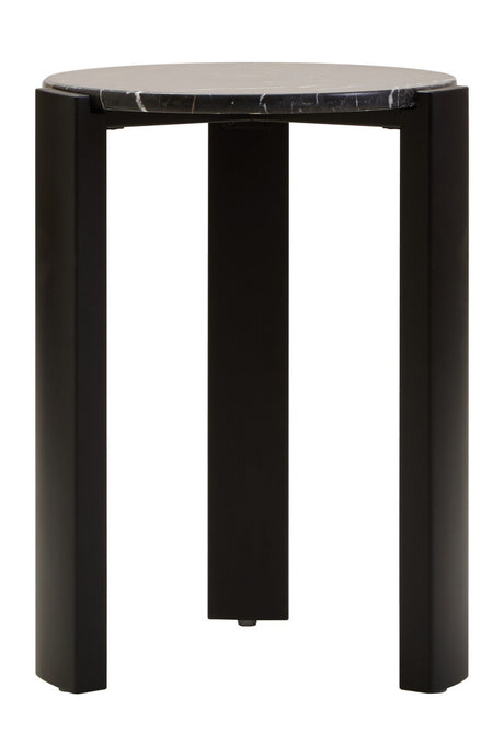 Round side table featuring a sleek black acacia wood base and a striking black and gold marble top.