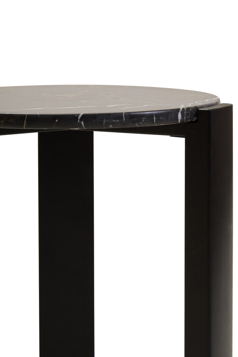 Round side table featuring a sleek black marble top with subtle white veining, supported by sturdy black acacia wood legs.