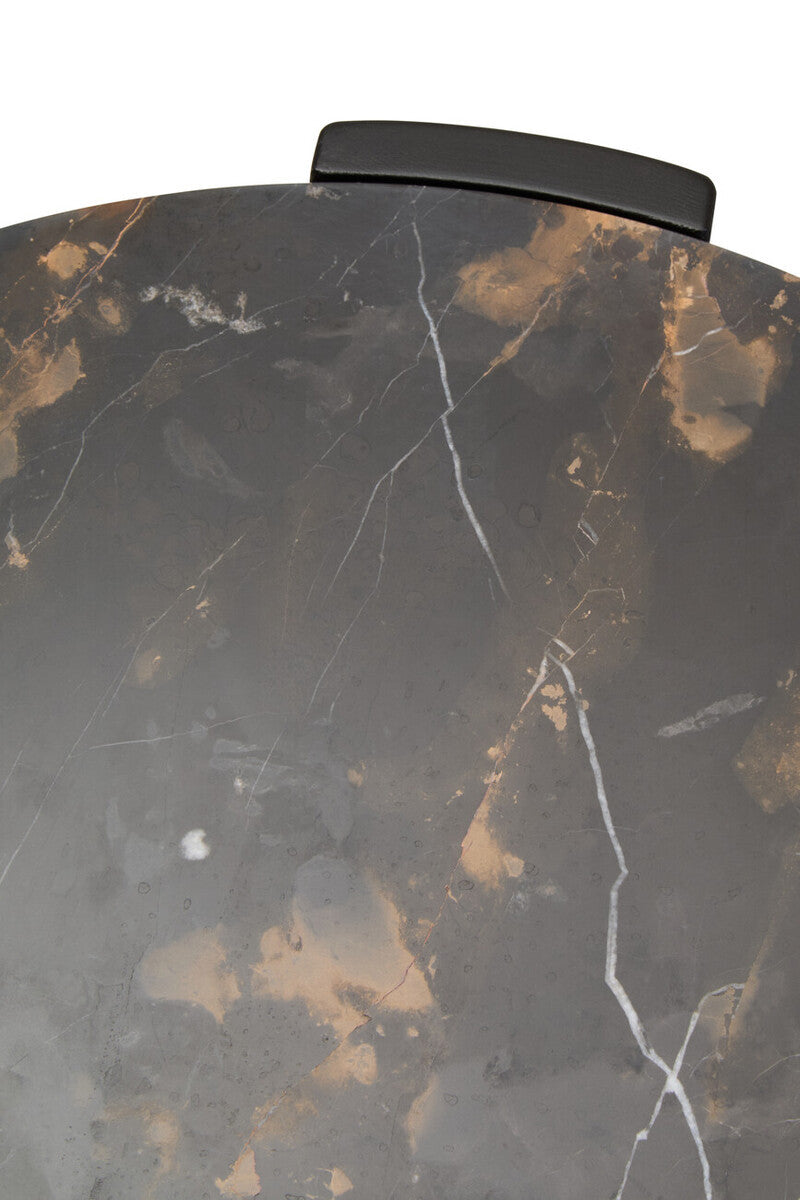 Round side table featuring a striking black marble top with gold and white veining, complemented by a sleek black handle.