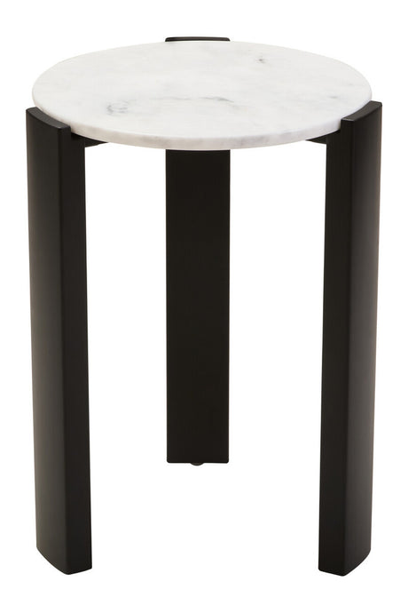 Round side table featuring a sleek white marble top with subtle gray veining, supported by four sturdy black acacia wood legs.