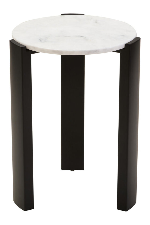 Round side table featuring a sleek white marble top with subtle gray veining, supported by four sturdy black acacia wood legs.