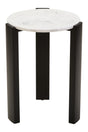 Round side table featuring a sleek white marble top with subtle gray veining, supported by four sturdy black acacia wood legs.