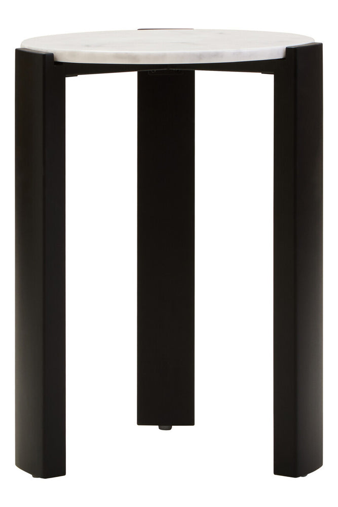 Round side table featuring a sleek white marble top and sturdy black acacia wood legs.