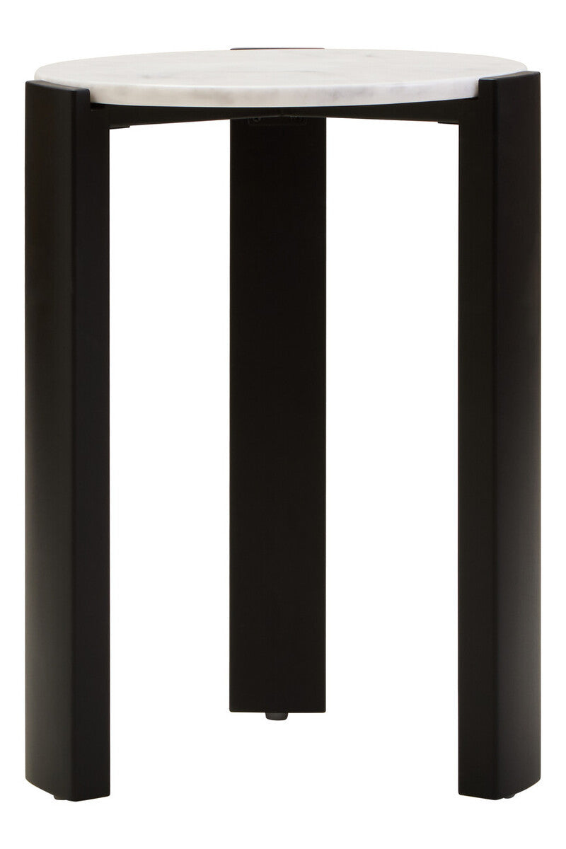 Round side table featuring a sleek white marble top and sturdy black acacia wood legs.