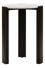 Round side table featuring a sleek white marble top and sturdy black acacia wood legs.