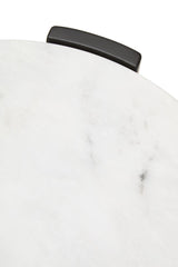 Round side table featuring a smooth white marble top with subtle gray veining, complemented by a sleek black handle.