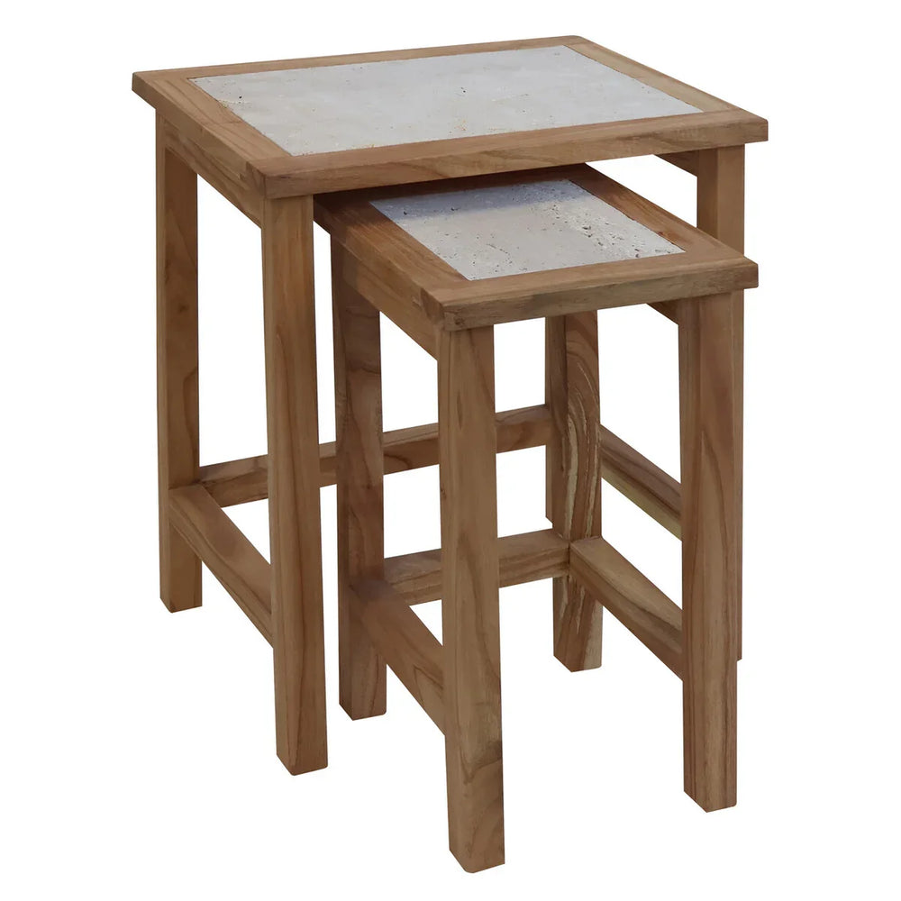 Oak nesting tables set with stone tops and clean square frames