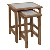 Oak nesting tables set with stone tops and clean square frames