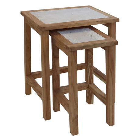 Oak nesting tables set with stone tops and clean square frames