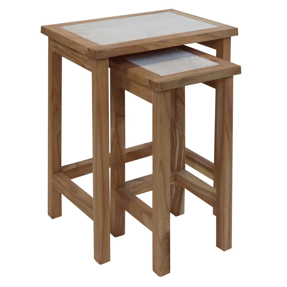 Oak nest of tables with white stone tops, two tables stacked neatly