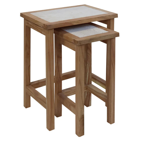 Oak nest of tables with white stone tops, two tables stacked neatly