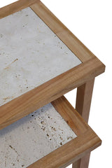 Close up of wooden side table with natural stone top and shelf detail