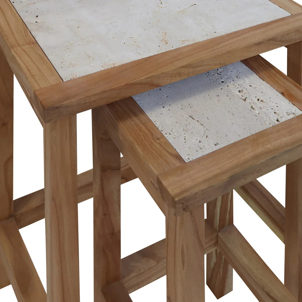 Set of two wooden nesting tables with stone tops, close-up of frame and surface texture