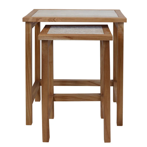 Wooden nest of tables with rectangular tops and light oak finish, front view