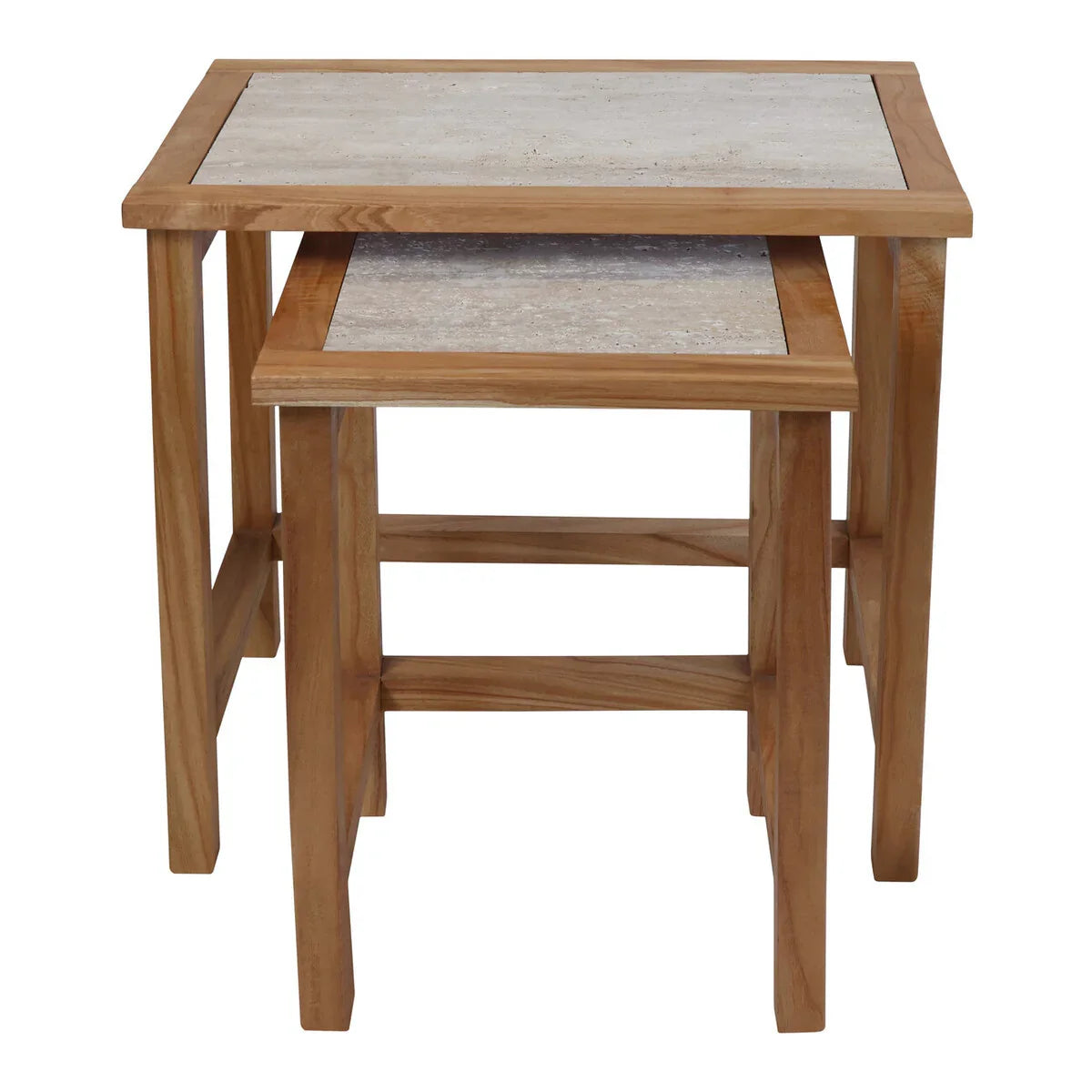 Nest of tables with oak frame and stone inlay tops, set of two, front view