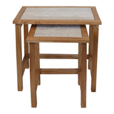 Nest of tables with oak frame and stone inlay tops, set of two, front view