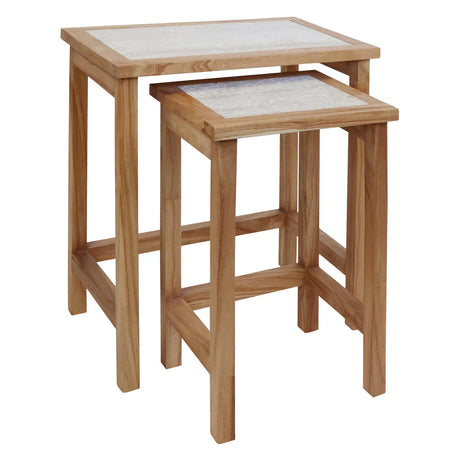 Oak nesting tables with rectangular tops and light wood frame, side angle view