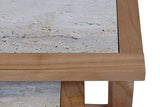 Closeup of travertine top coffee table with solid wood frame