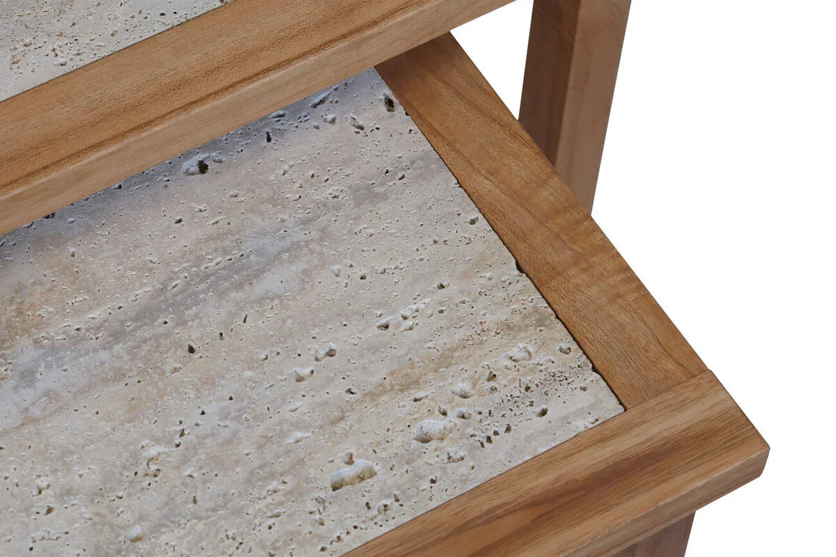 Closeup of natural stone tabletop with wooden frame, modern furniture detail