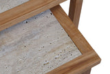 Closeup of natural stone tabletop with wooden frame, modern furniture detail