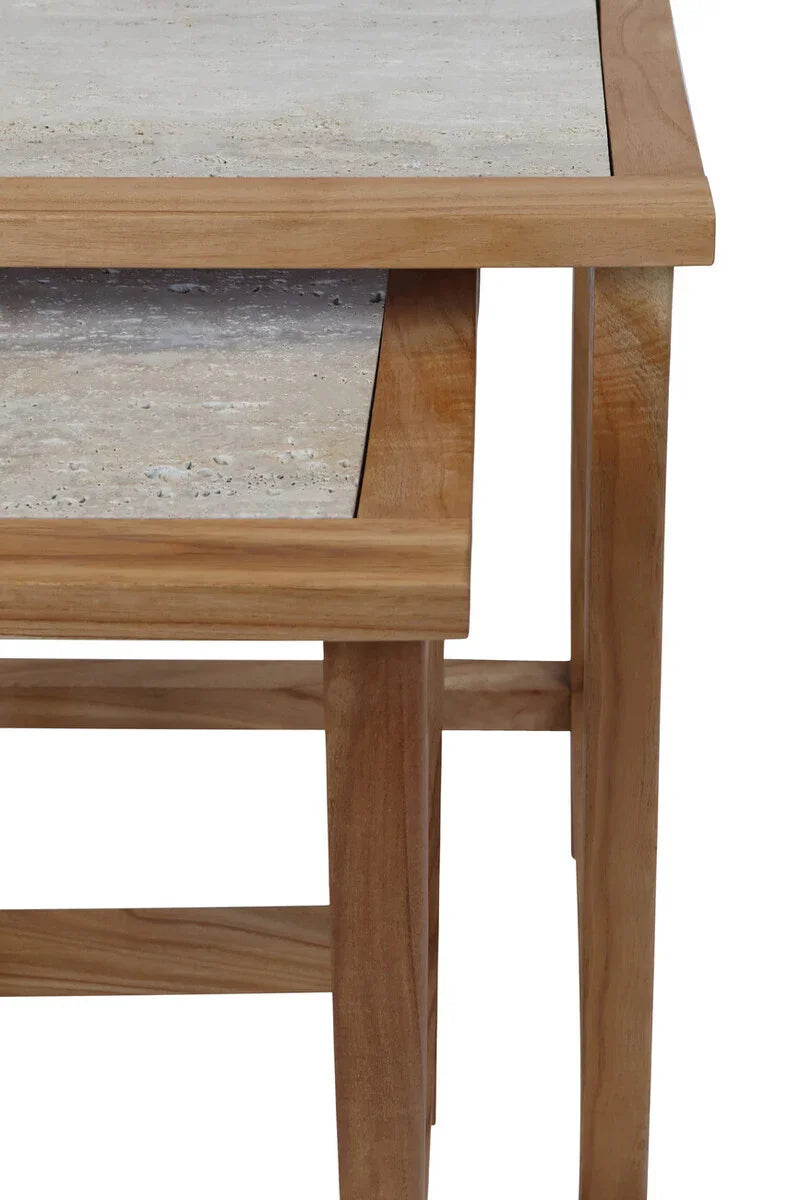 Nested tables with light wood frame and stone top, close-up of corner and legs