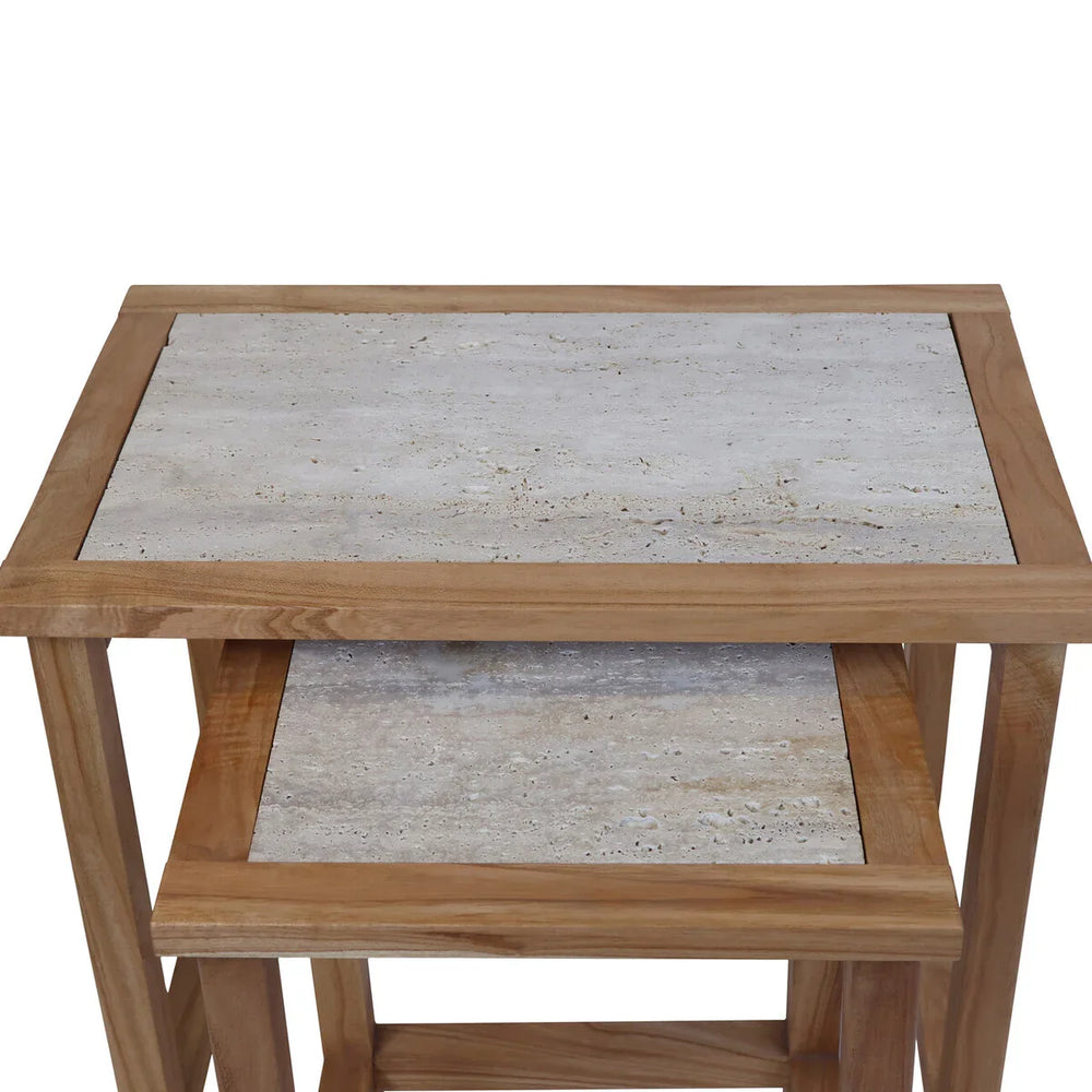 Set of two wooden nesting tables with light stone tops, stacked front view