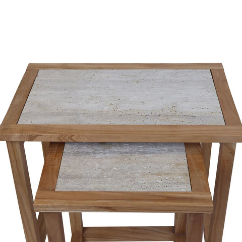 Set of two wooden nesting tables with light stone tops, stacked front view