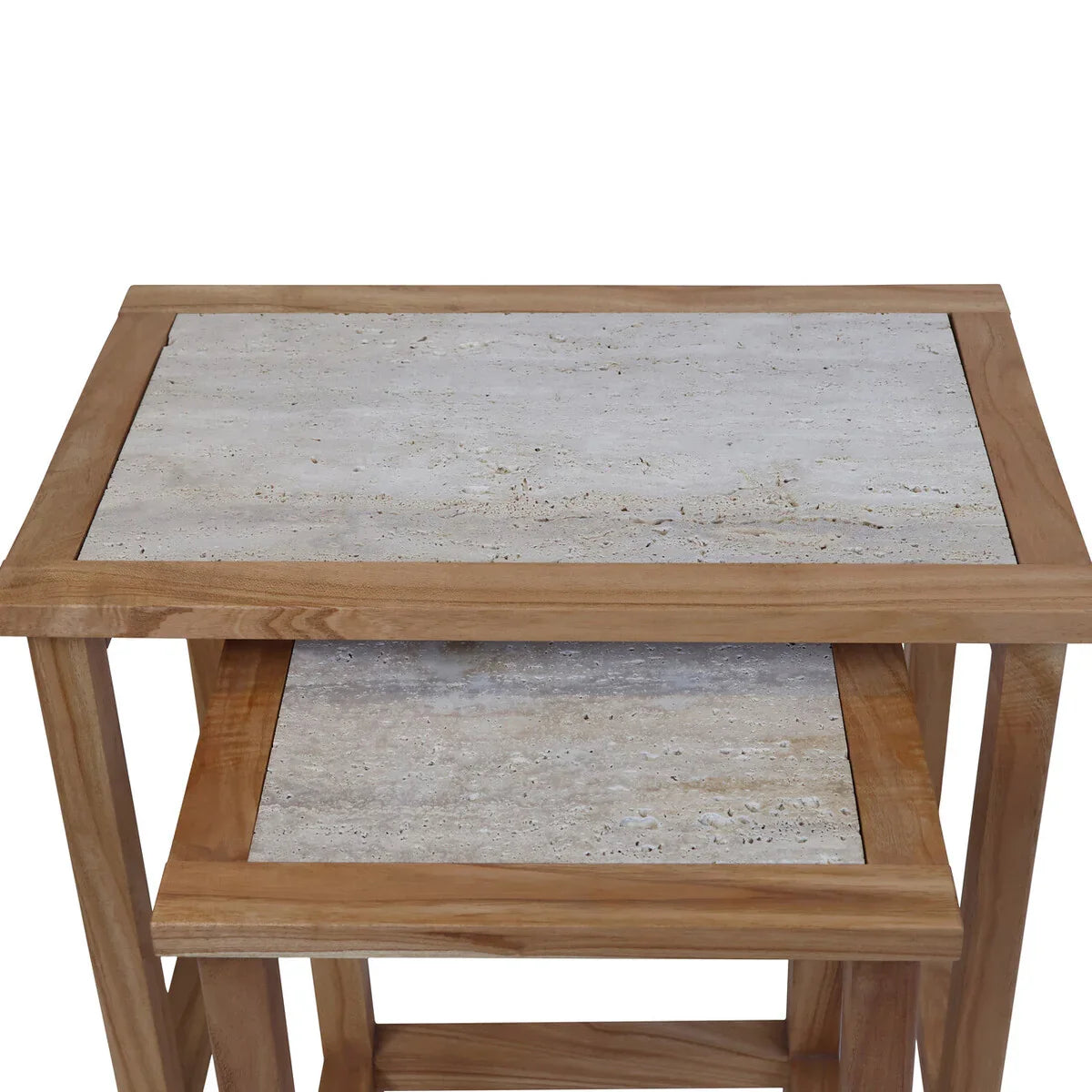 Set of two wooden nesting tables with light stone tops, stacked front view