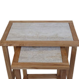 Set of two wooden nesting tables with light stone tops, stacked front view