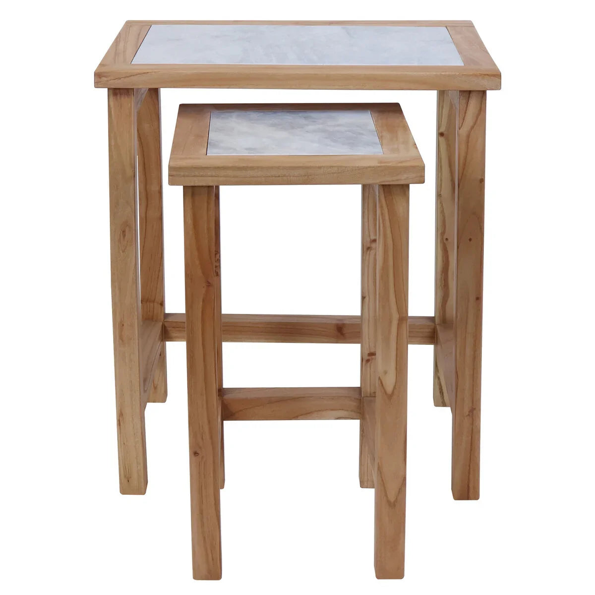 Oak nest of tables with light marble tops, side view showing two stacked tables