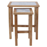 Oak nest of tables with light marble tops, side view showing two stacked tables