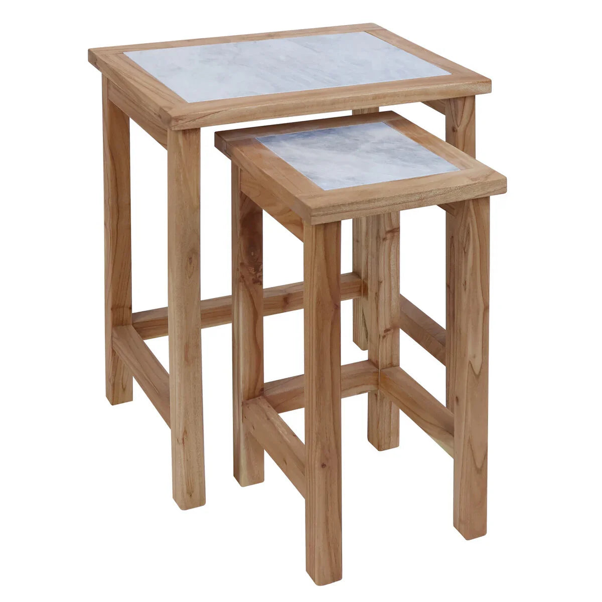 Womad Small Set Of 2 Wooden Side Tables With White Marble Tops