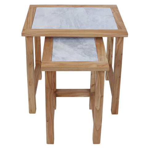 Set of two oak nesting tables with marble tops, front view