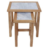 Set of two oak nesting tables with marble tops, front view