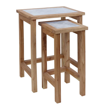 Set of two wooden nesting tables with light tops and natural finish, front angled view