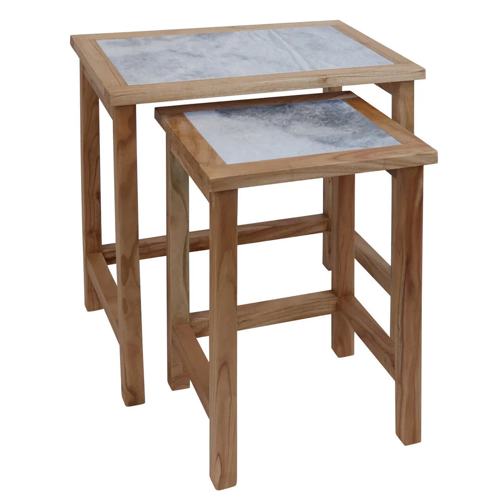 Womad Large Set Of 2 Wooden Side Tables With White Marble Tops